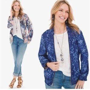 Chico’s Jacket Bomber Satin Reversible Blue Floral Shirred S Spring Lightweight